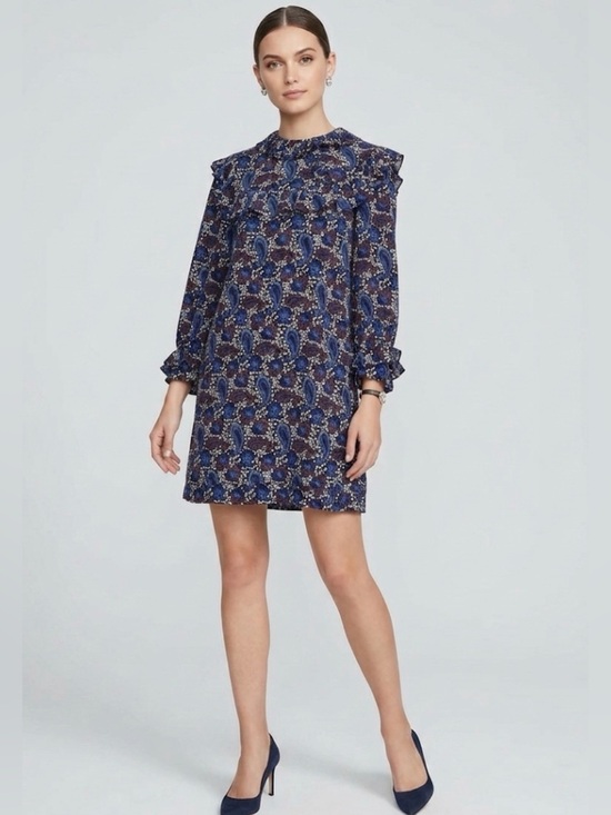 Sandro Dresses & Skirts - Sandro Paris Paisley Silk Shift Dress Mini Short Ruffle Blue Black Size 1 Small